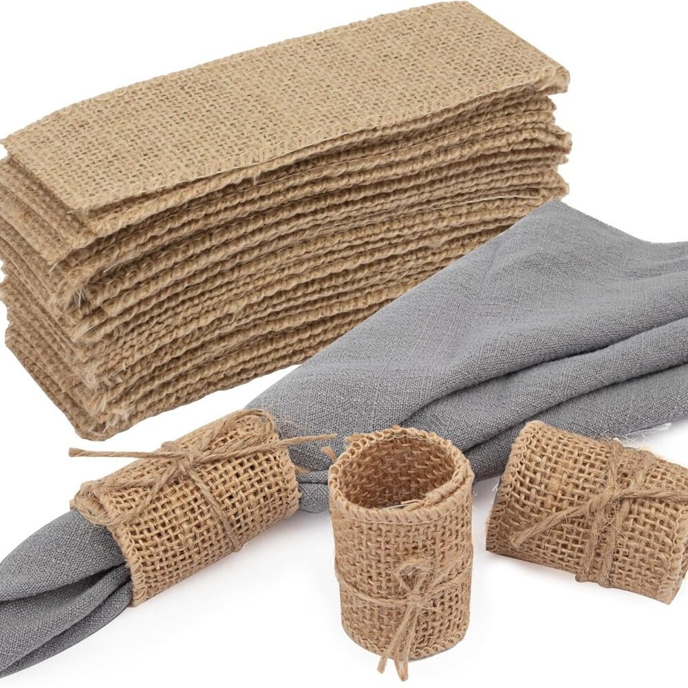 50pcs Disposable Napkin Rings Burlap Napkin Rings with Wired Edge Rope Napkin Ti